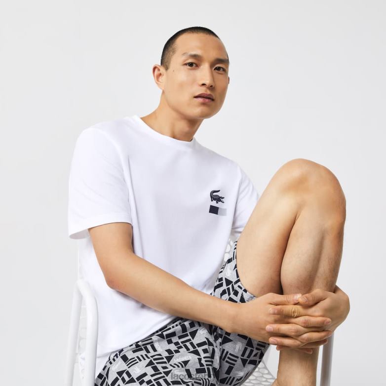 мъже Lacoste бяло/тъмно синьо/сив chine пижама с графичен принт облекло XTV621511