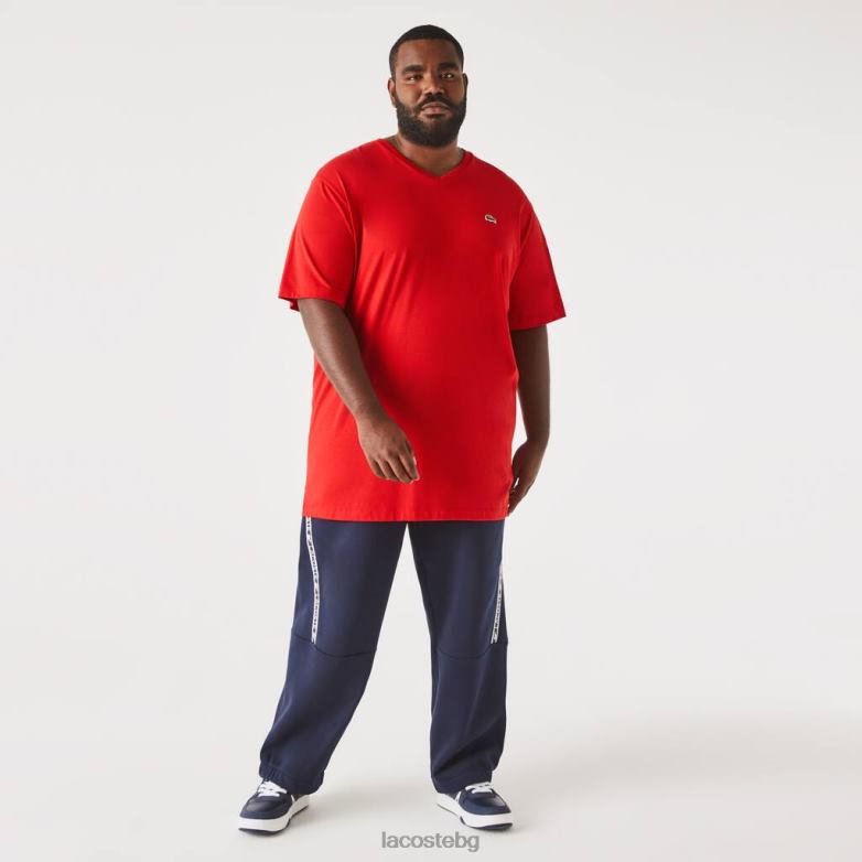 мъже Lacoste червен памучна поло тениска с V-образно деколте с обикновена кройка (голям размер) облекло XTV62709