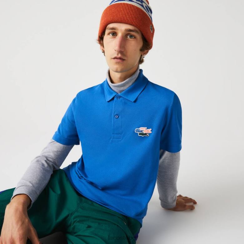 мъже Lacoste син поло тениска от органичен памук с нормална кройка крокодили облекло XTV62844