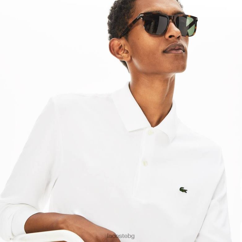 мъже Lacoste бяло стандартно прилепнало памучно поло с дълги ръкави облекло XTV62859