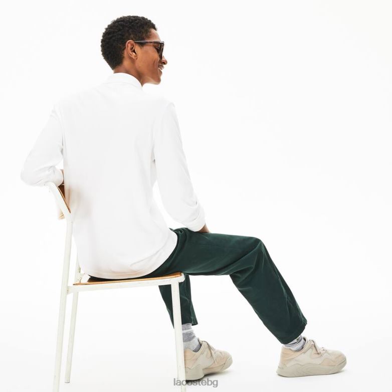 мъже Lacoste бяло стандартно прилепнало памучно поло с дълги ръкави облекло XTV62859