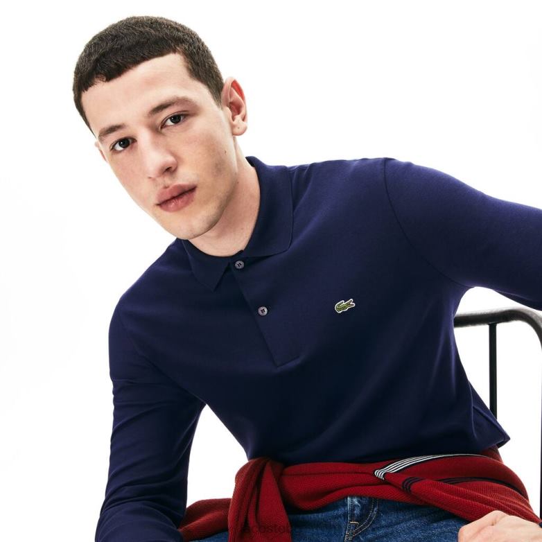 мъже Lacoste тъмносин стандартно прилепнало памучно поло с дълги ръкави облекло XTV62860