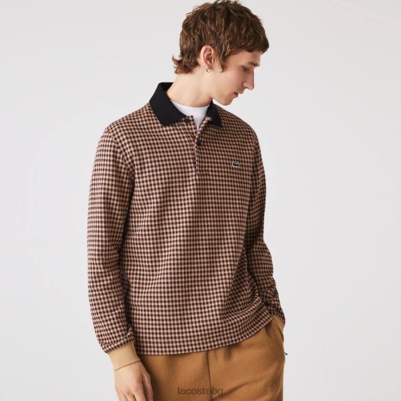 мъже Lacoste бежово/тъмно синьо/бордо поло с щампа тартан със спокойна кройка облекло XTV62924