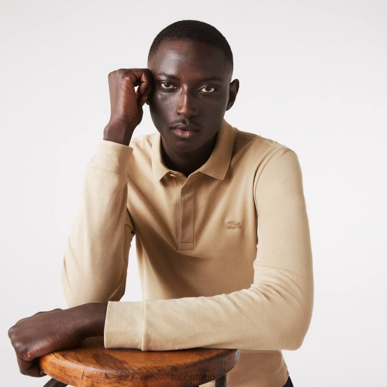 мъже Lacoste бежово smart paris еластично памучно пике поло с дълъг ръкав облекло XTV621297