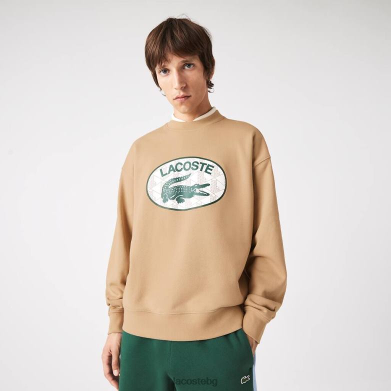 мъже Lacoste бежово свободен суитшърт с марка монограм облекло XTV621009