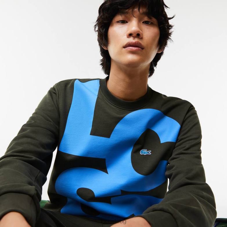 мъже Lacoste каки зелено памучен суичър с контрастен надпис с класическа кройка облекло XTV621041