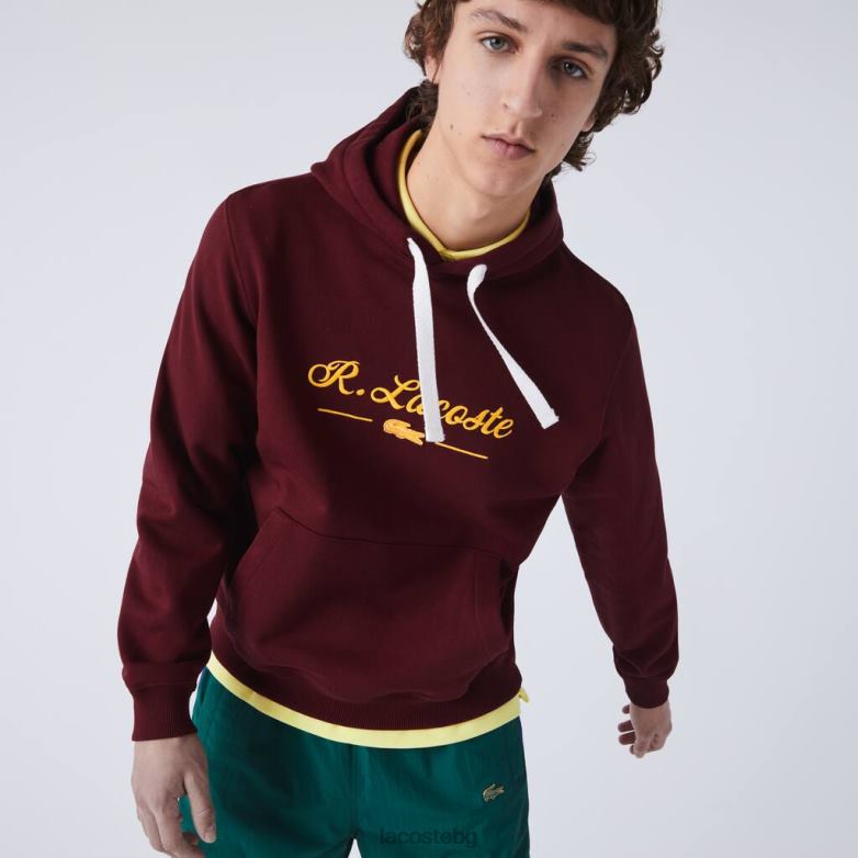 мъже Lacoste бордо памучен суичър с бродирани надписи и качулка облекло XTV621155