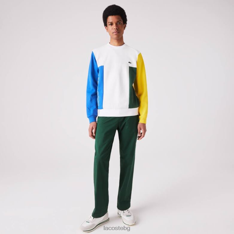 мъже Lacoste бяло/синьо/жълто/зелено суичър от памучен полар с кръгло деколте облекло XTV621159