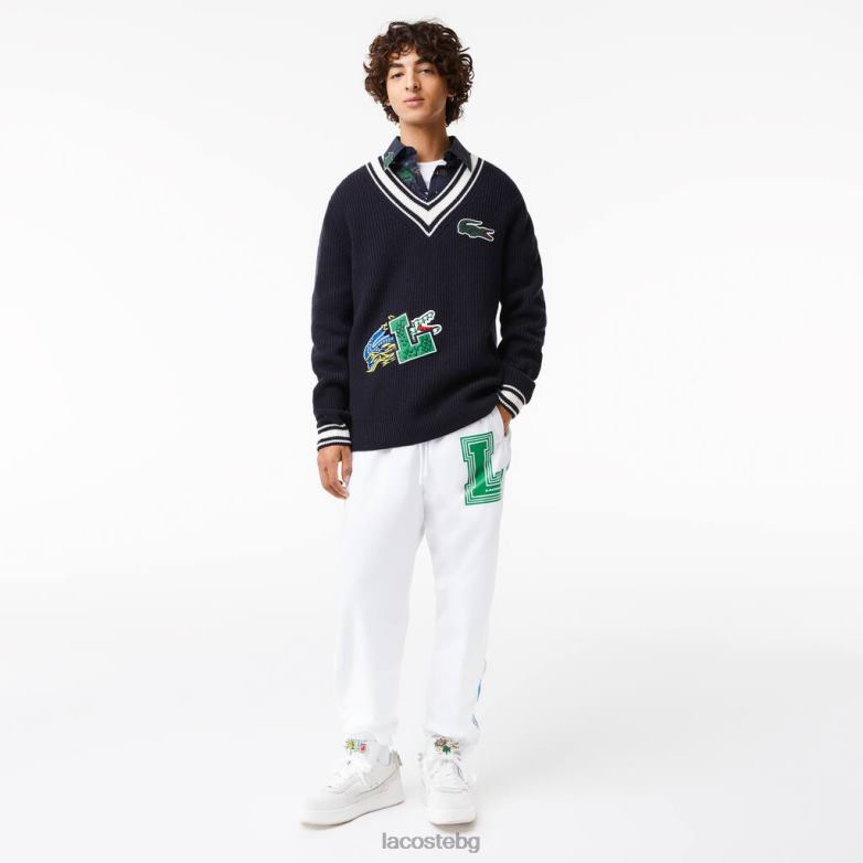 мъже Lacoste Черно бяла комичен пуловер със значка облекло XTV621378