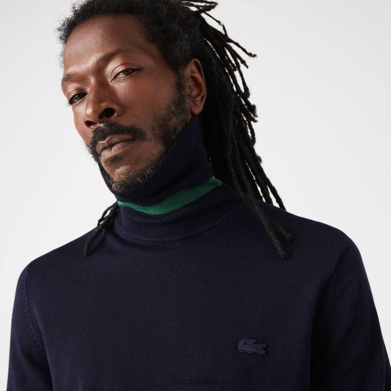 мъже Lacoste тъмносин пуловер от мериносова вълна с висока яка облекло XTV621592
