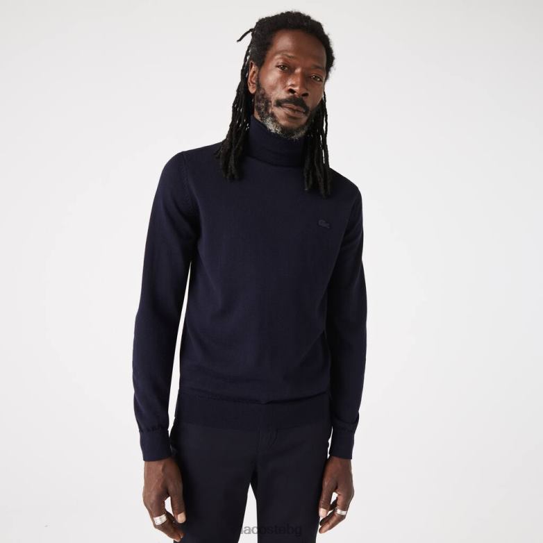 мъже Lacoste тъмносин пуловер от мериносова вълна с висока яка облекло XTV621592