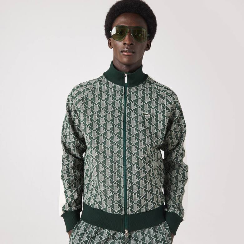 мъже Lacoste зелено/бежово стандартен суитшърт с цип с принт на монограм облекло XTV62276