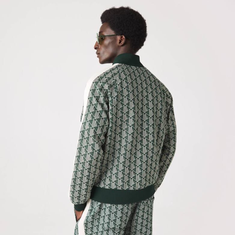 мъже Lacoste зелено/бежово стандартен суитшърт с цип с принт на монограм облекло XTV62276