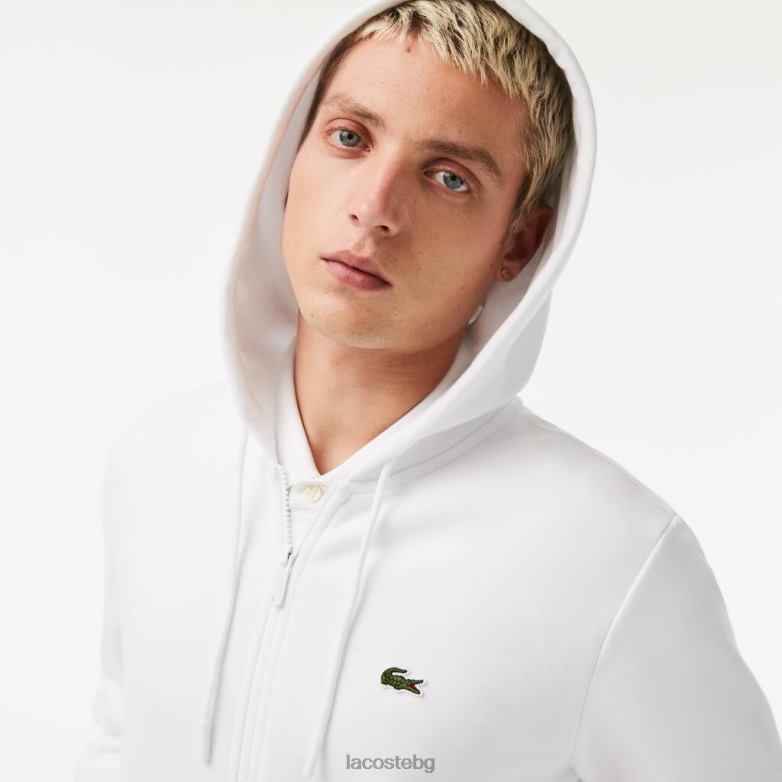 мъже Lacoste бяло суичър с цип от полар с джоб тип кенгуру облекло XTV62295
