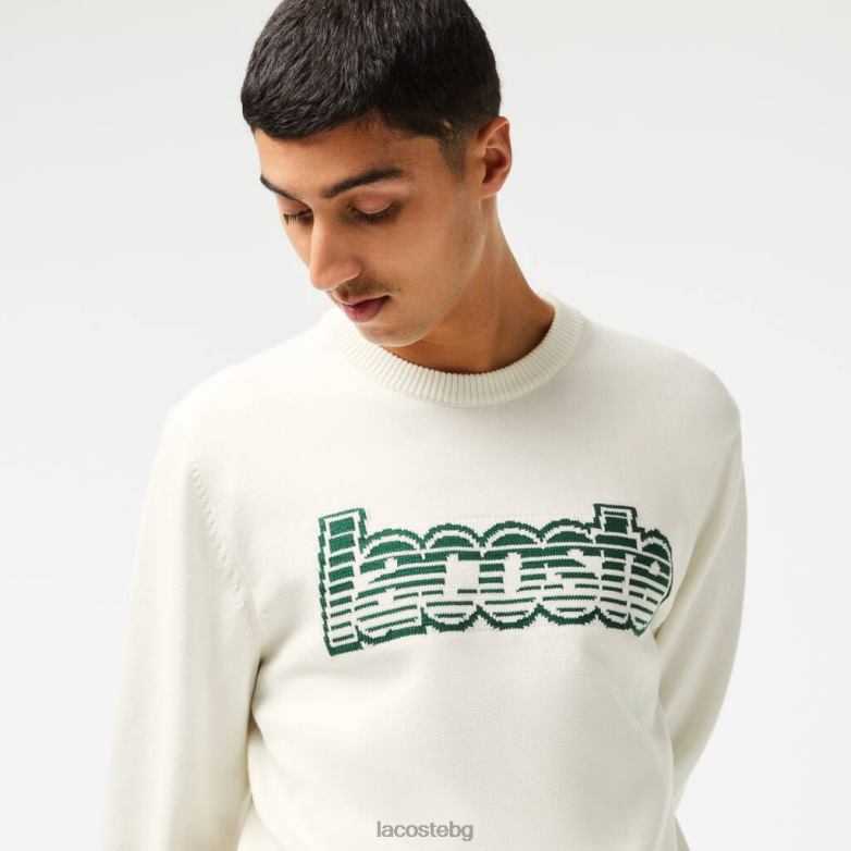 мъже Lacoste бяло/зелено пуловер от трико с кръгла яка облекло XTV62501