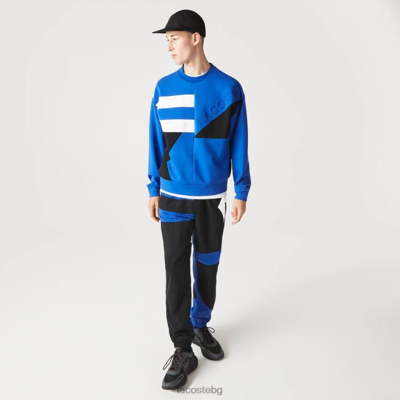 мъже Lacoste синьо/бяло свободен суичър с пачуърк ефект облекло XTV62956