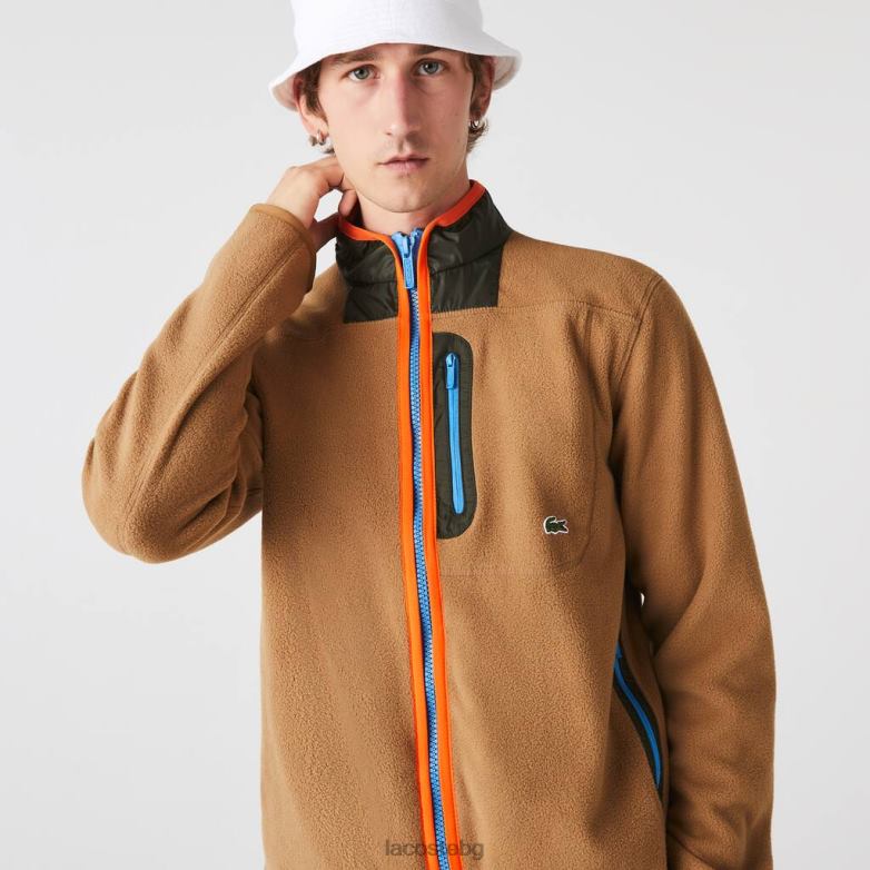 мъже Lacoste кафяво/каки зелено суичър с цип от поларен полар със спокойна кройка облекло XTV62979