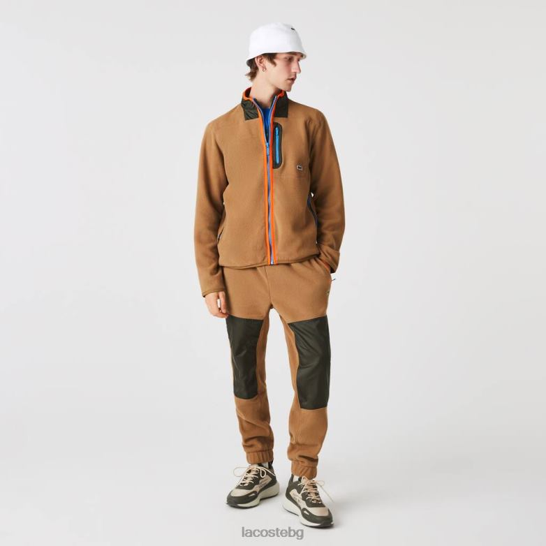 мъже Lacoste кафяво/каки зелено суичър с цип от поларен полар със спокойна кройка облекло XTV62979