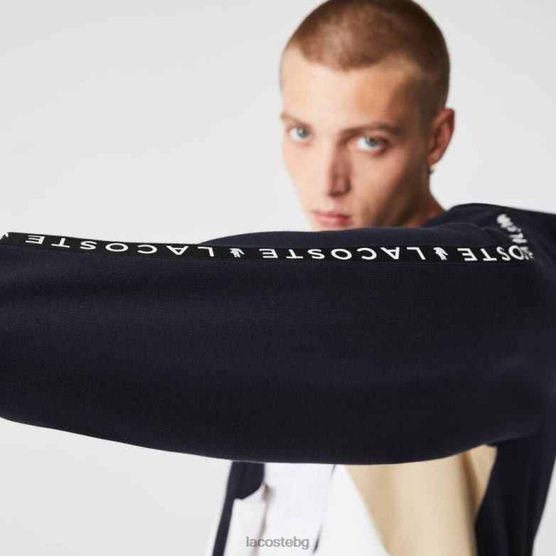мъже Lacoste тъмносиньо/бяло/бежово суитшърт от полар с цип и цветни блокове с качулка облекло XTV62997