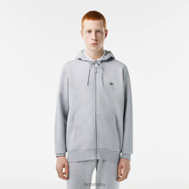 мъже Lacoste сив chine суичър с цип от полар с джоб тип кенгуру облекло XTV621039