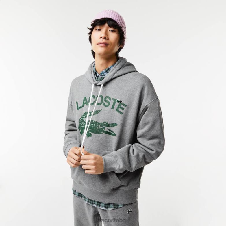 мъже Lacoste сив chine свободен суитчър с крокодилска кройка и качулка облекло XTV62969