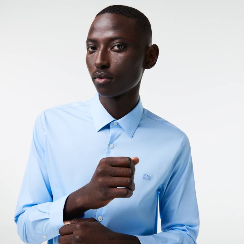 мъже Lacoste син прилепнала памучна риза с френска яка облекло XTV621439