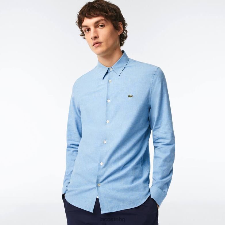 мъже Lacoste синьо/бяло прилепнала памучна риза от шамбре облекло XTV621520