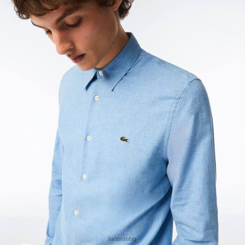 мъже Lacoste синьо/бяло прилепнала памучна риза от шамбре облекло XTV621520