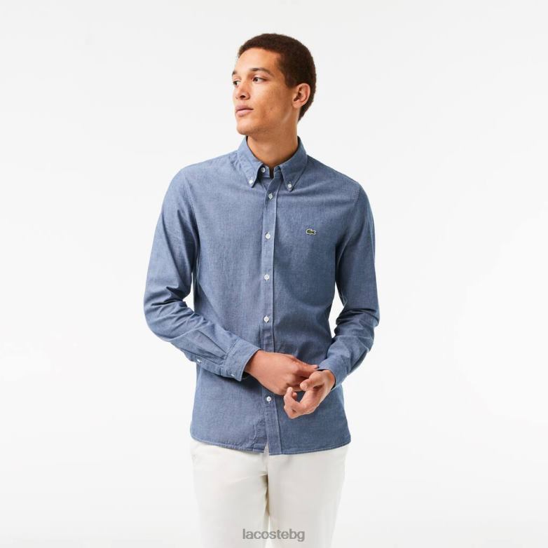мъже Lacoste син прилепнала памучна риза от шамбре облекло XTV621573
