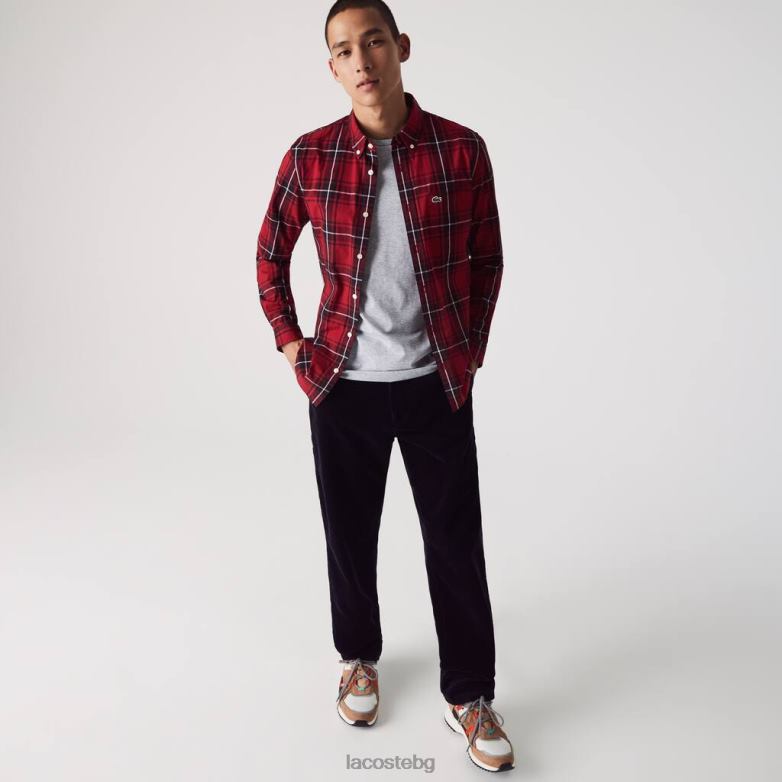 мъже Lacoste бордо/черно/бяло тънка карирана риза от еластичен памучен поплин облекло XTV621612
