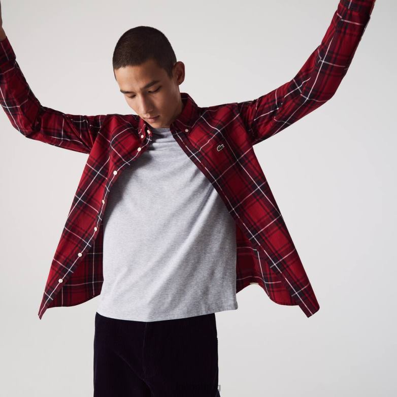 мъже Lacoste бордо/черно/бяло тънка карирана риза от еластичен памучен поплин облекло XTV621612