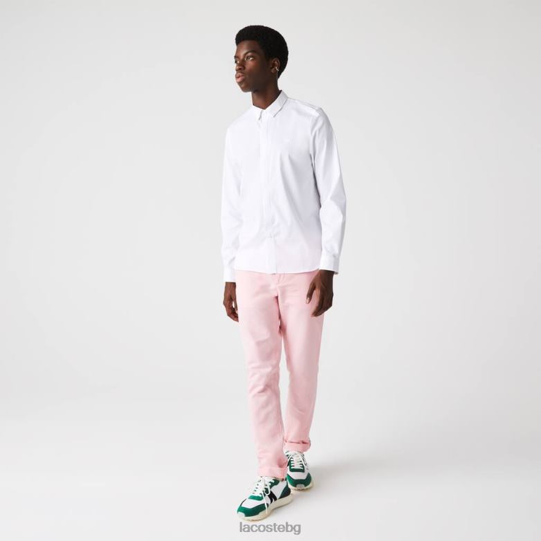 мъже Lacoste бяло прилепнала риза от еластичен памучен поплин със скрити панталони облекло XTV621648
