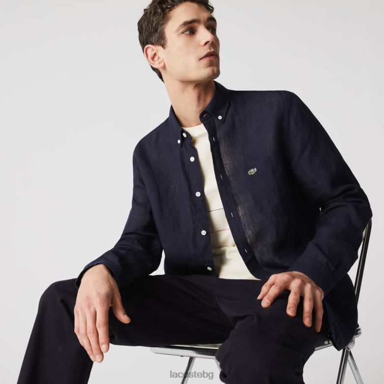 мъже Lacoste тъмносин стандартна ленена риза облекло XTV621650
