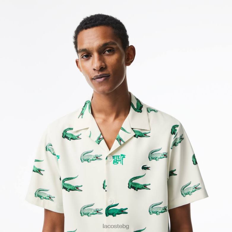 мъже Lacoste бяло риза с къс ръкав с щампа голф облекло XTV62473