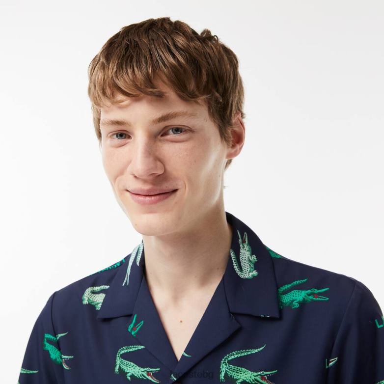 мъже Lacoste тъмносин риза с къс ръкав с щампа голф облекло XTV62474