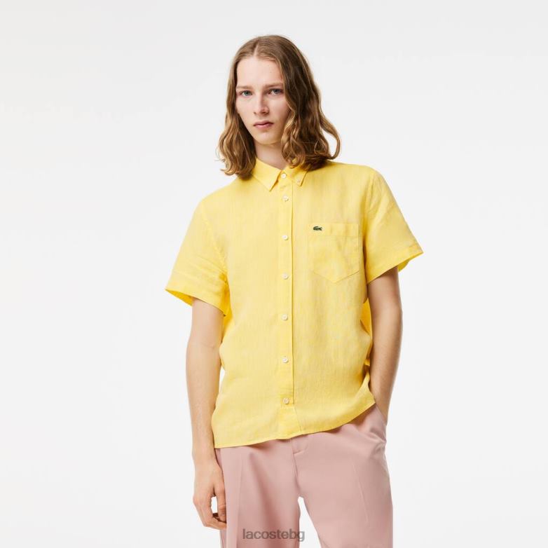 мъже Lacoste жълто ленена риза с къс ръкав облекло XTV62496