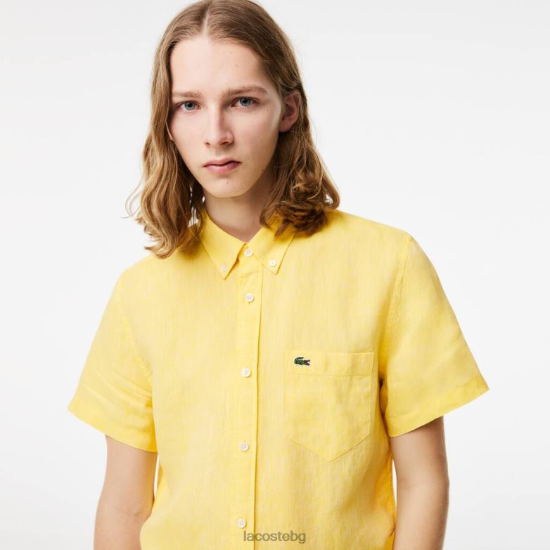 мъже Lacoste жълто ленена риза с къс ръкав облекло XTV62496