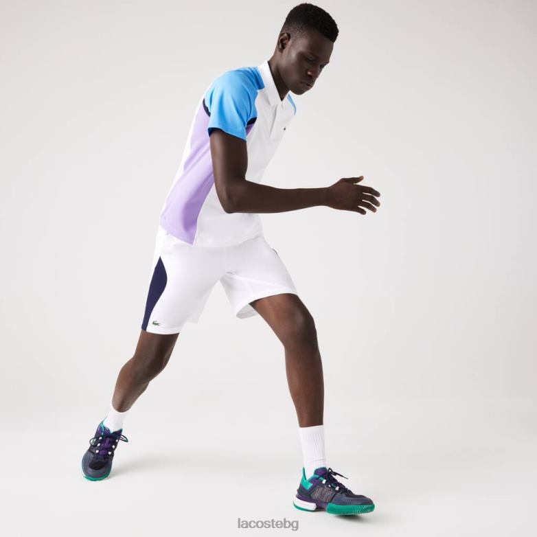 мъже Lacoste бяло/тъмно синьо спортни безшевни шорти за тенис с нормална кройка облекло XTV621330