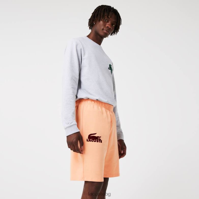 мъже Lacoste светло оранжево/бордо велурени шорти от памучен полар от крокодил облекло XTV621482