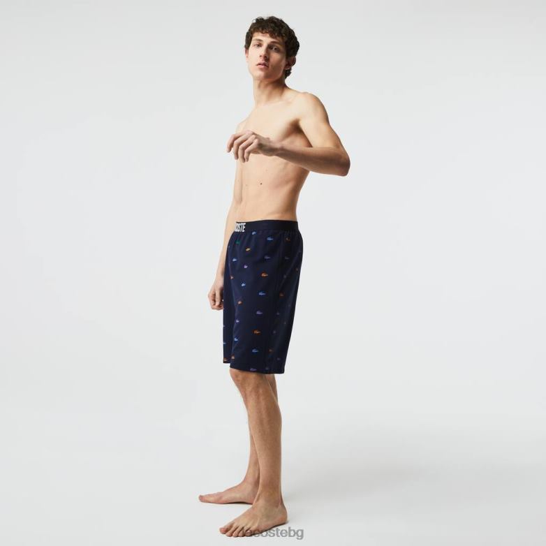 мъже Lacoste тъмносиньо/бяло Къси панталони от памучен полар с принт на крокодили облекло XTV621499