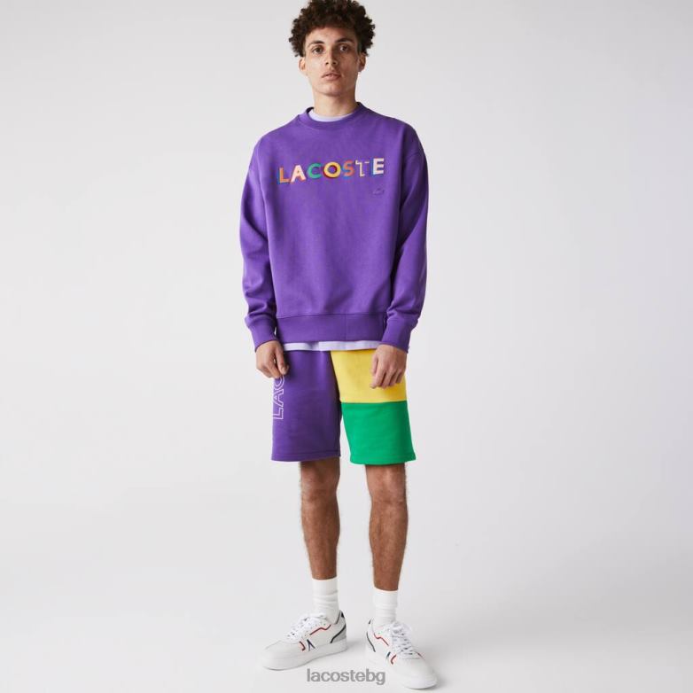 мъже Lacoste лилаво/жълто/зелено поларени бермуди с цветни блокове облекло XTV621560