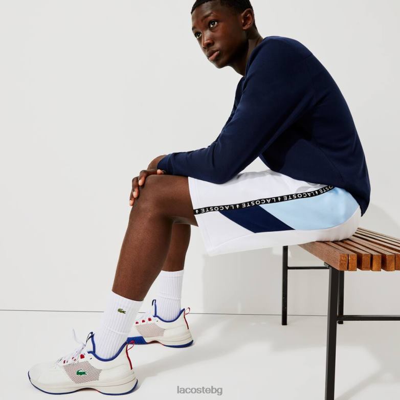 мъже Lacoste бяло/синьо поларени бермуди с ленти с букви облекло XTV621602