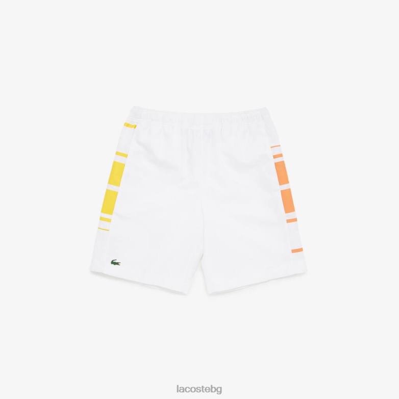 мъже Lacoste бяло/жълто/оранжево шорти на спортни райета облекло XTV621632