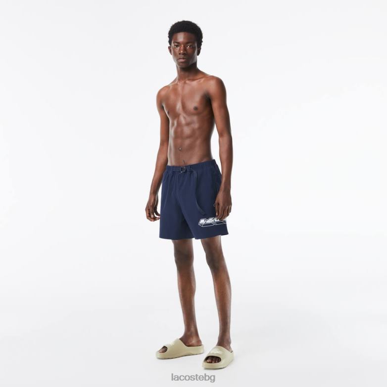 мъже Lacoste син бързосъхнещи бански гащи с ивици с лого облекло XTV62528