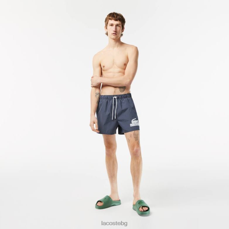 мъже Lacoste тъмносиньо/бяло карирани бански гащета от рециклиран полиестер облекло XTV62532