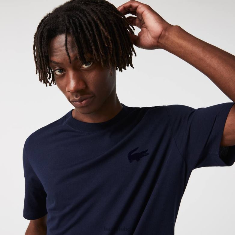 мъже Lacoste тъмносин памучна тениска с кръгло деколте от велур и крокодил облекло XTV621344