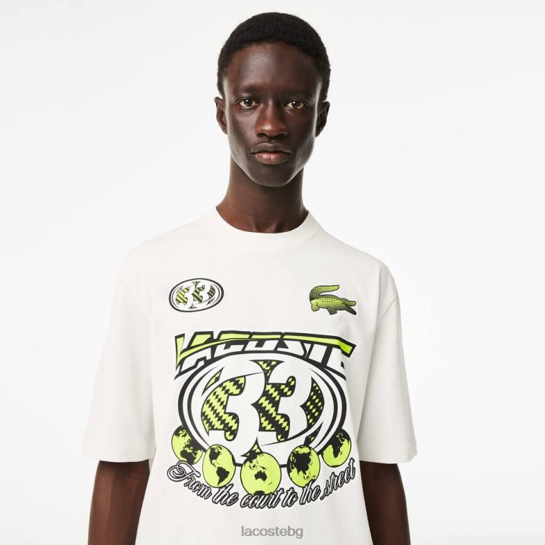 мъже Lacoste бяло широка тениска с щампа от памучно трико облекло XTV62144