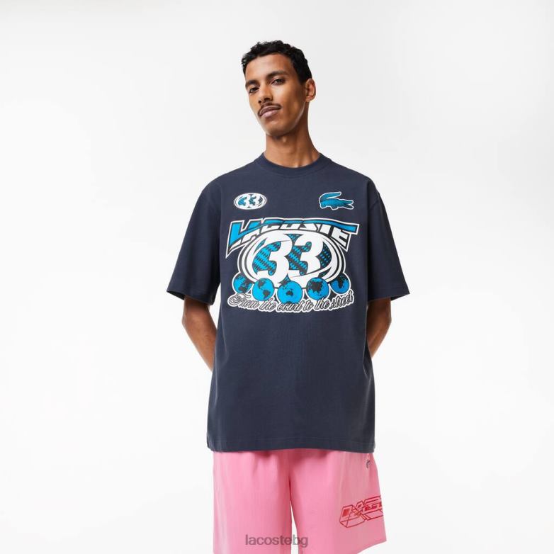 мъже Lacoste син широка тениска с щампа от памучно трико облекло XTV62146
