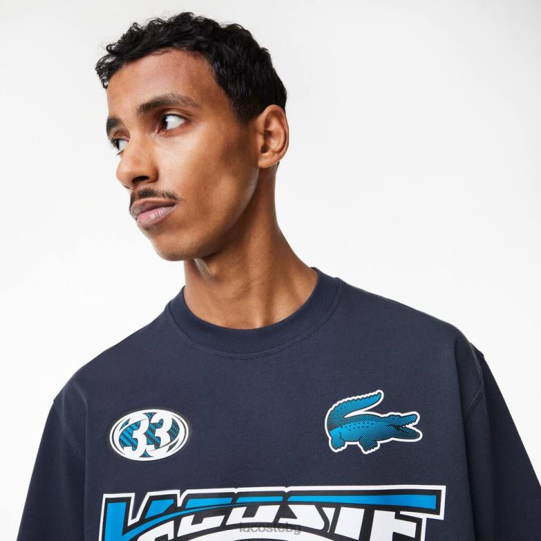 мъже Lacoste син широка тениска с щампа от памучно трико облекло XTV62146