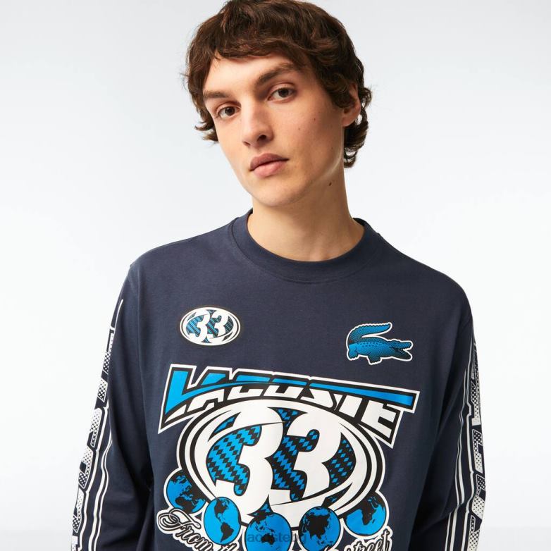 мъже Lacoste син широка тениска с дълъг ръкав и щампа облекло XTV62148